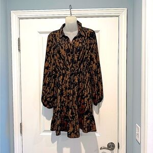 Drawstring button down Topshop dress in black and brown abstract floral print.